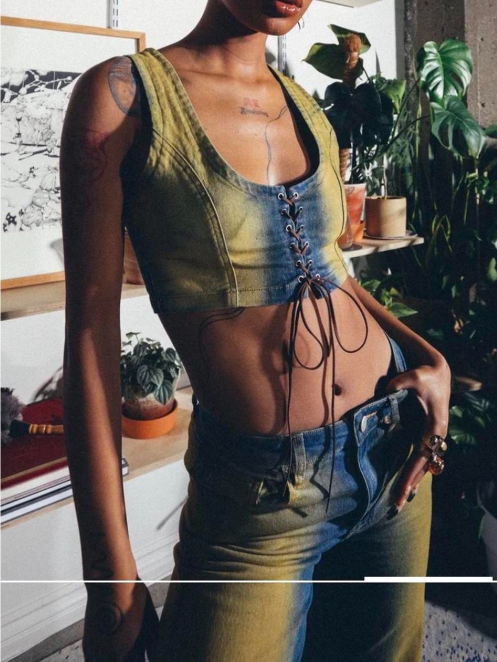 Lace‑Up Denim Tank Top in Olive & Blue